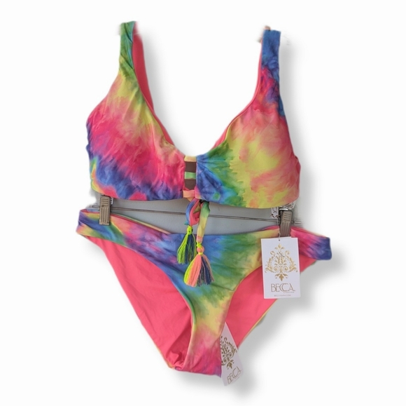 NWT Becca By Rebecca Virtue Size D/L Bright Tie Dye Reversible Bikini Set - Picture 1 of 15